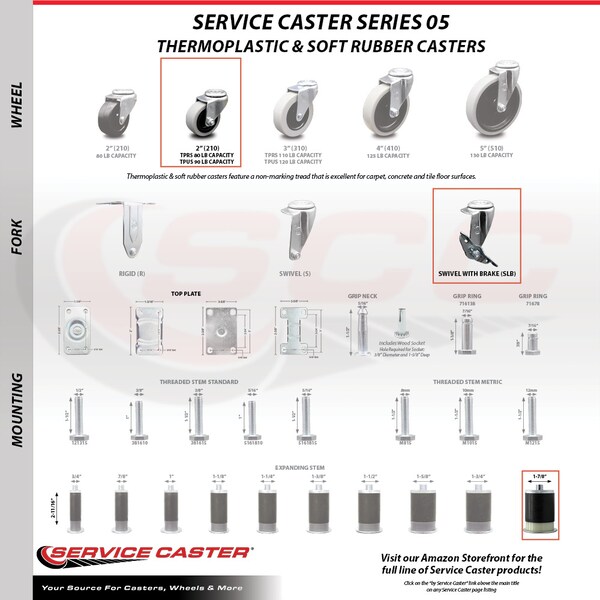 2 Inch Thermoplastic Wheel 1-7/8 Inch Expanding Stem Caster with Brakes, 4PK